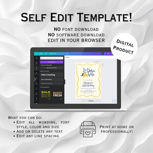 Pu&ograve; includere: Un laptop mostra un modello di invito digitale con il testo "La Dolce Vita" e "Christina's 25th Birthday." L'immagine include il testo "Self Edit Template!" e "Digital Product."