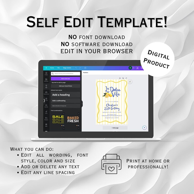 Pu&ograve; includere: Un laptop mostra un modello di invito digitale con il testo "La Dolce Vita" e "Christina's 25th Birthday." L'immagine include il testo "Self Edit Template!" e "Digital Product."