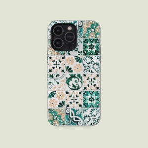 アズレージョ磁器風スマホケース 地中海グリーンタイル MagSafe対応 iPhone 17 Pro Max 16 Pro Max 15 14 13 Pro 12 11 Pro XS 8対応