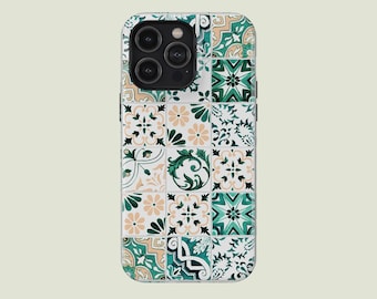 Funda para teléfono Azulejo Porcelain Mediterranean Tile Verde Funda MagSafe Compatible con iPhone 17 Pro Max 16 Pro Max 15 14 13 Pro 12 11 Pro XS 8