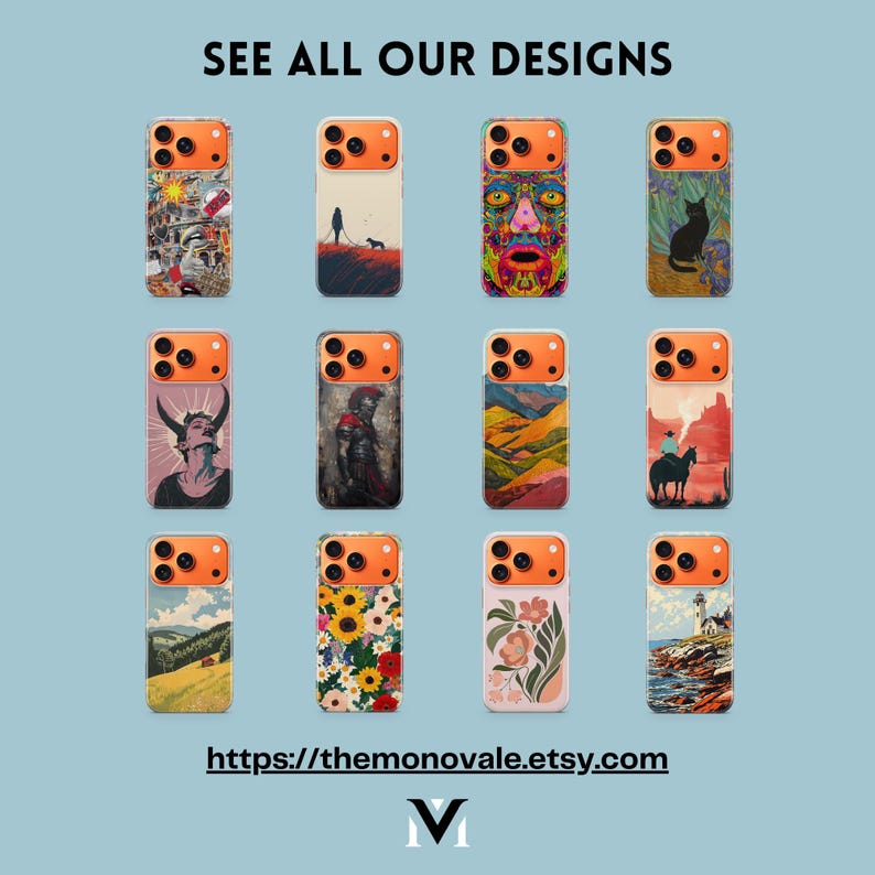 a collection of 12 colorful phone cases with various artistic designs, including landscapes, abstract patterns, and portraits.