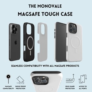 The image is an advertisement for a product called the Monovale Magsafe Tough Case. It features various images of the case in different colors and positions, along with text describing the product's features and compatibility with other Magsafe products.