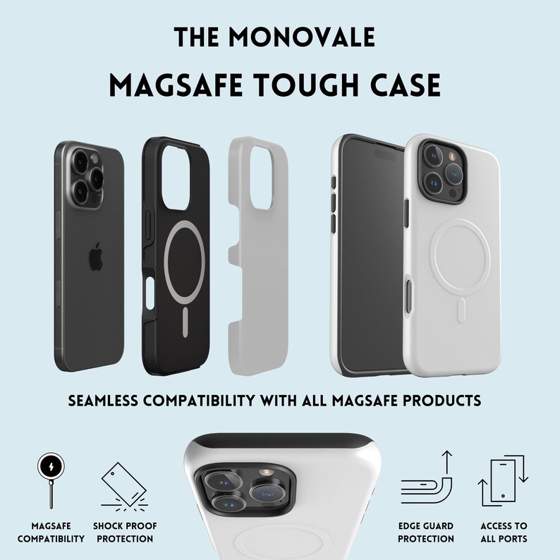 The image is an advertisement for a product called the Monovale Magsafe Tough Case. It features various images of the case in different colors and positions, along with text describing the product's features and compatibility with other Magsafe products.