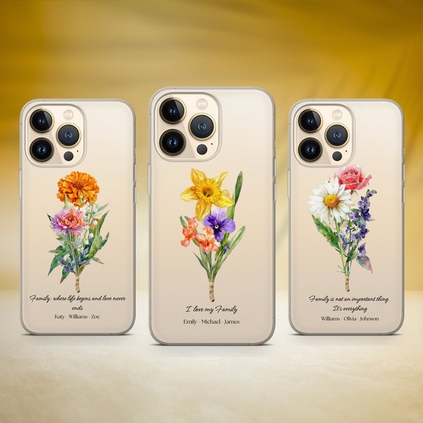 Personalised Family Birth Flower Phone Case Birth Flower Cover Fit for iPhone 15 14 11 Pro 12 13 XS 7+ Samsung S24 S23 FE S22 S21 A12 A53