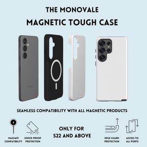 a collection of four different smartphone cases, each with varying designs and colors, showcasing their compatibility with various magnetic products.