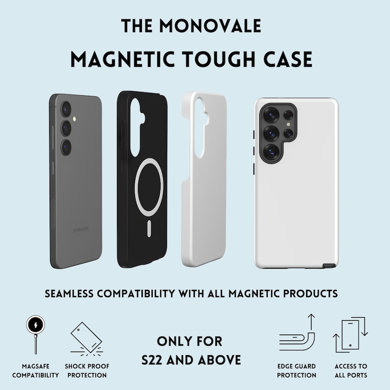 a collection of four different smartphone cases, each with varying designs and colors, showcasing their compatibility with various magnetic products.