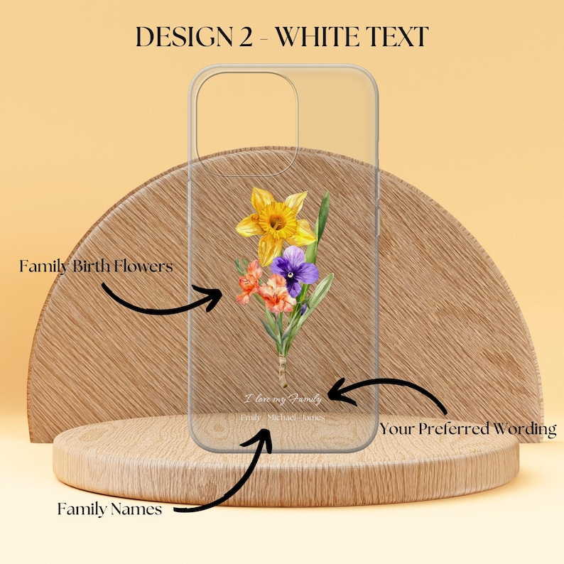 Personalised Family Birth Flower Phone Case Birth Flower Cover Fit for iPhone 17 Pro Max 16 15 14 13 12 13 Samsung S25 S24 S23 FE Huawei P30 DESIGN 2 WHITE TEXT