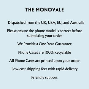 text that provides information about a product, specifically a phone case. The text is in black and is displayed against a light blue background.