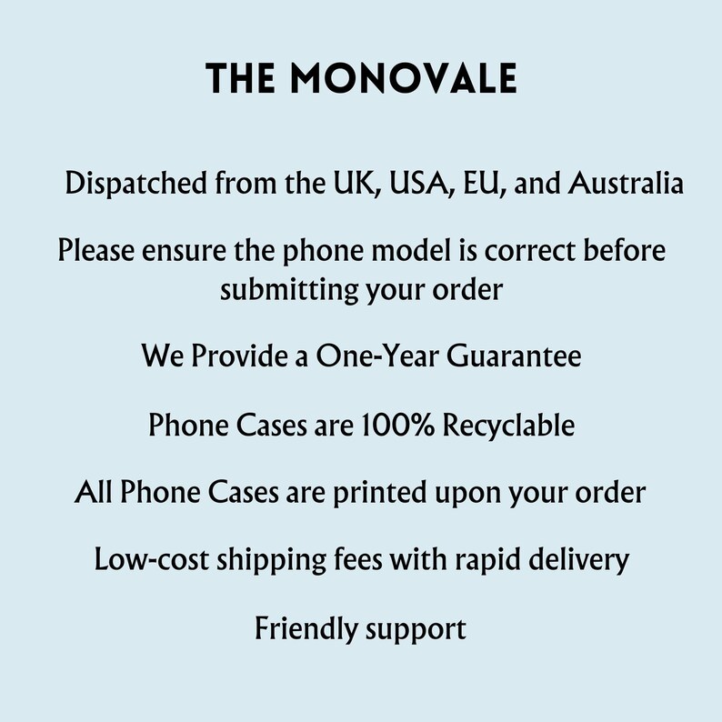 text that provides information about a product, specifically a phone case. The text is in black and is displayed against a light blue background.