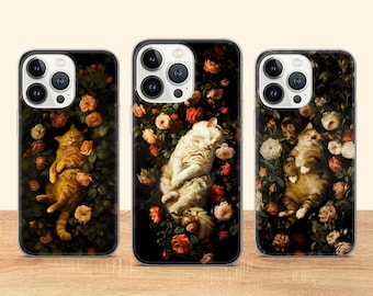 Katzenliebhaber Handyhülle Ästhetische Blumenkatzenabdeckung passend für iPhone 17 Pro Max 16 15 14 13 12 13 11 Samsung S25 S24 S23 FE A56 A16 Huawei P30