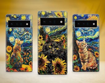 Van Gogh Inspired Phone Case Starry Night Cat Cover Fit for Google Pixel 10 Pro XL 9A 9 Pro 8A 8 Pro 8 7A 7 Pro 6 6A 3A 4XL 5 OnePlus 13 12R