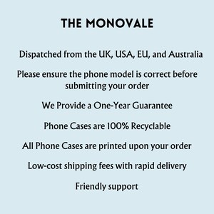 text that provides information about a product, specifically a phone case. The text is in black and is displayed against a light blue background.