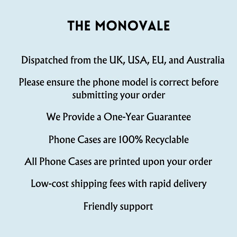 text that provides information about a product, specifically a phone case. The text is in black and is displayed against a light blue background.