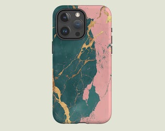 Custodia per telefono con effetto marmo rosa e verde, finitura effetto marmo, cover MagSafe compatibile con iPhone 17 Pro Max, 16 Pro Max, 15, 14, 13 Pro, 12, 11 Pro, XS, XR, 8 Plus