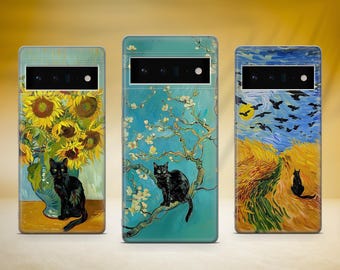 Van Gogh Inspired Cat Phone Case Starry Night Cover Fit for Google Pixel 10 Pro XL 9A 9 Pro 8A 8 Pro 8 7A 7 Pro 6 6A 3A 4XL 5 OnePlus 13 12R