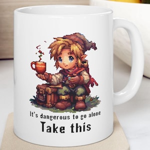 Retro Zelda-Inspired Ceramic Mug | Adorable Character Design | Nostalgic Gaming Quote Coffee Mug | Geek Gift for Gamers
