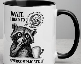Overthinking Raccoon Mug – Vintage Ink Animal Humor Coffee Cup