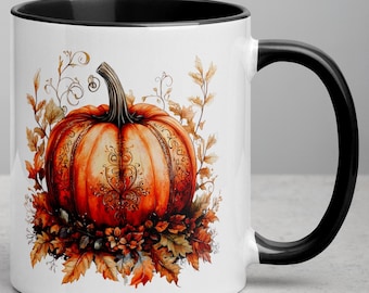 Floral Pumpkin Ceramic Mug: Autumn Leaves, Fall Decor