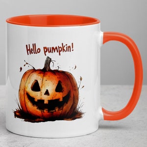 Kubek ceramiczny na Halloween Jack-O-Lantern - &quot;Witaj Dynio!&quot; - Ładny jesienny kubek do kawy, upiorny wystrój na Halloween, pomysł na prezent