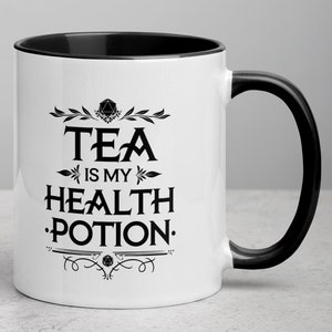Ceramic Mug with &quot;Tea is My Health Potion&quot; DnD Dice Design – Fantasy Gamer Gift for RPG Lovers, Dungeons & Dragons Fans, Tea Enthusiasts