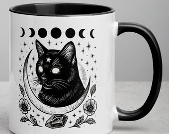 Mystic Black Cat Mug – Vintage Ink, Moon Phases, Witchy Gift