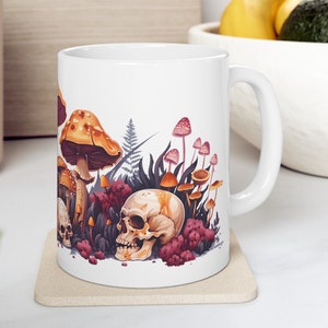 Mystical Mushrooms & Enigmatic Skulls - Ceramic Mug for Gothic Decor and Dark Fantasy Lovers