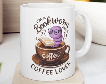 Bookworm & Coffee Lover Ceramic Mug - Cozy Reader Design with Quirky Worm Illustration, Gift for a book lover