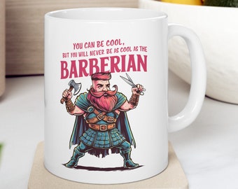 The Barberian - Ceramic Mug with Barbarian-Barber Illustration and funny quiote, gift for a barber