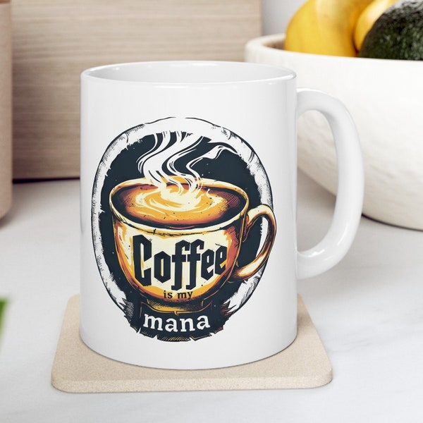 Coffee is my Mana - Enchanted Gamer Ceramic Mug with Magical Mana Bar Illustration, Gift for a gamer and coffee lover