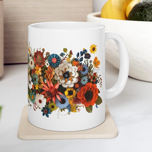 Colorful Floral Ceramic Mug - Vibrant Paper Cutout Flower & Plant Design, Ideal for Home Decor, Floral gift mug