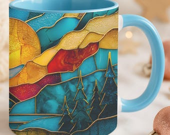 Stained Glass Mountain Mug, Colorful Nature Landscape Cup, Sunrise Sunset Forest Gift