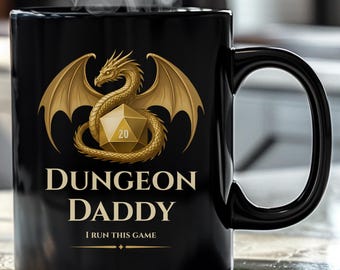 Dungeon Daddy Mug – Black Coffee Cup, D&D Master Gift