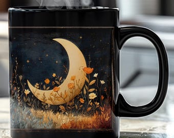 Vintage Crescent Moon Coffee Mug - Celestial Floral Night Sky Art