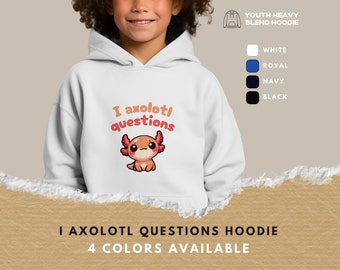 Youth Axolotl Hoodie - ‘I Axolotl Questions’ - Cozy & Stylish Heavy Blend Hoodie for Kids, available in 4 colors