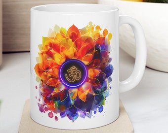 Mug en céramique coloré symbole Om du mandala - Déco de cuisine spirituelle artistique, tasse de yoga colorée