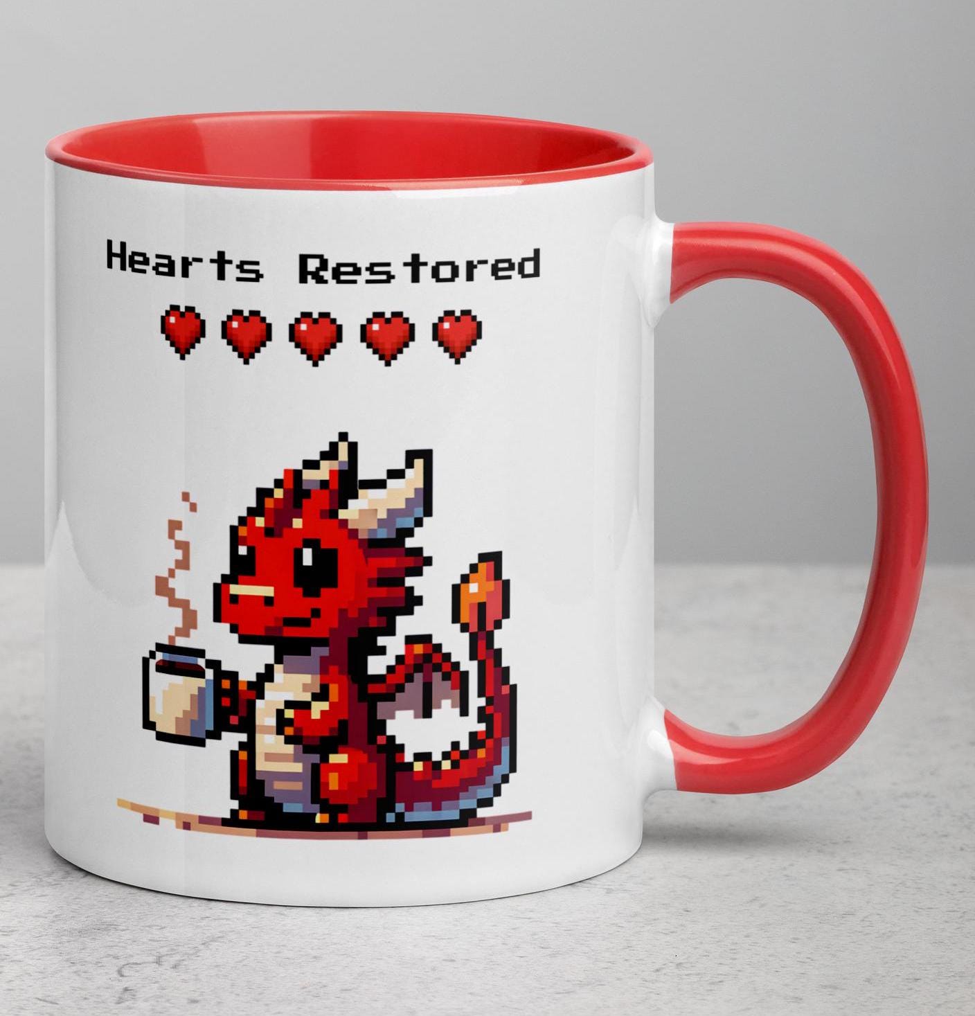 Cute Pixel Dragon Coffee Mug – Cozy Gamer Gift – Hearts Restored Fantasy Cup – Geeky Coffee Lover Mug