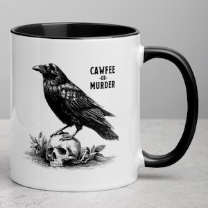 Funny Raven Mug Cawfee Gift | Gothic Coffee Mug Skull Crow Cup | Spooky Bird Lover Gift Dark Humor | Halloween cup