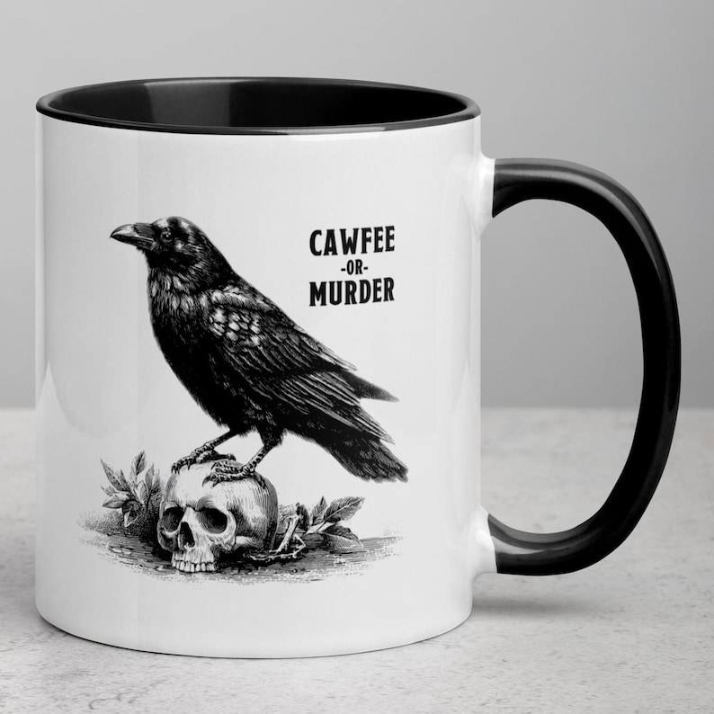 Funny Raven Mug Cawfee Gift | Gothic Coffee Mug Skull Crow Cup | Spooky Bird Lover Gift Dark Humor | Halloween cup