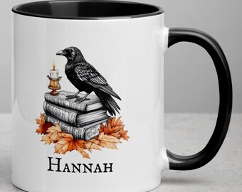 Personalized Gothic Raven Mug: Autumn Leaves, Witchy Coffee Cup