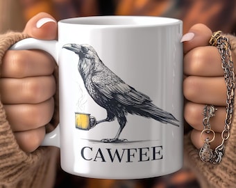 Divertente tazza da caffè con corvo "CAWFEE" - Tazza artistica con uccello eccentrico