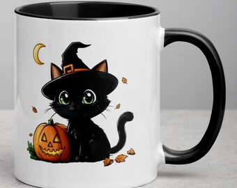 Black Cat Witch Halloween Mug: Spooky Cauldron Coffee Cup