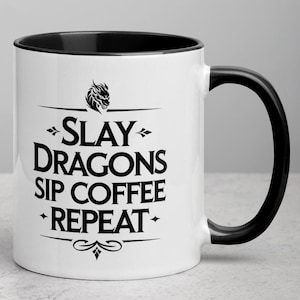 DnD inspired Slay Dragons Dice mug | Funny Fantasy Gamer coffee cup Gift for Dungeon Masters, Tabletop RPG, Nerds & Geeks gift