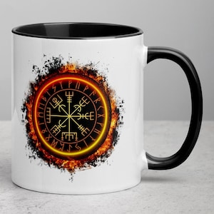 Vegvisir Norse Mug with Golden Viking Compass, Norse Flames and Black Smoke – Bold Nordic Warrior Gift, scandinavian gift
