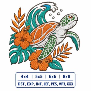 Broderifil med havssköldpaddsvågor, tropiskt hav, maskinsömnadsdesign, hawaiianskt blommigt sommarmönster, flera storlekar, Emb Vp3 Pes Dst