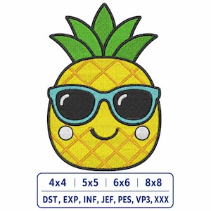 Op de afbeelding: Een lachende gele ananas met een blauwe zonnebril en groene bladeren erop. De afbeelding bevat de maten 4x4, 5x5, 6x6 en 8x8, samen met de bestandsformaten DST, EXP, INF, JEF, PES, VP3 en XXX.