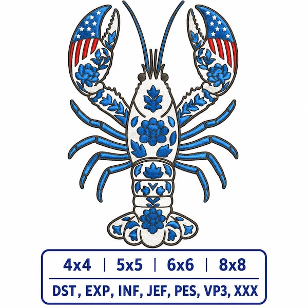 Patriotic Lobster Embroidery Design, Chinoiserie Lobster ,USA Flag Sea Life Machine File, Nautical Blue Embroidery 4Th Of July