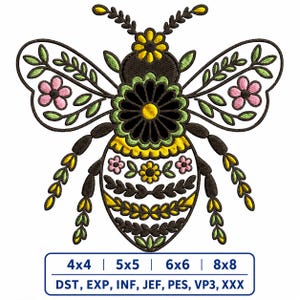 May include: Embroidered bee design with floral and leaf accents in black, yellow, green, and pink. The bee has a detailed pattern and is suitable for embroidery projects. The image includes text indicating various sizes and file formats.