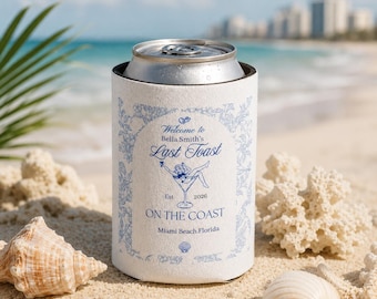 Spersonalizowana chłodziarka na puszki na ostatni toast na wybrzeżu, upominek na wieczór panieński na wybrzeżu, akcesoria na plażową imprezę dla panny młodej Koozie, spersonalizowany uchwyt na napoje