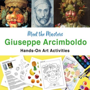 Könnte beinhalten: Ein druckbares Set mit Kunstaktivitäten für Kinder, die sich mit dem Werk von Giuseppe Arcimboldo befassen. Das Set enthält eine Malvorlage, eine Gesichtsgestaltungsaktivität und ein Informationsblatt über den Künstler. Die Aktivitäten sollen Kindern helfen, den einzigartigen Malstil von Arcimboldo kennenzulernen.