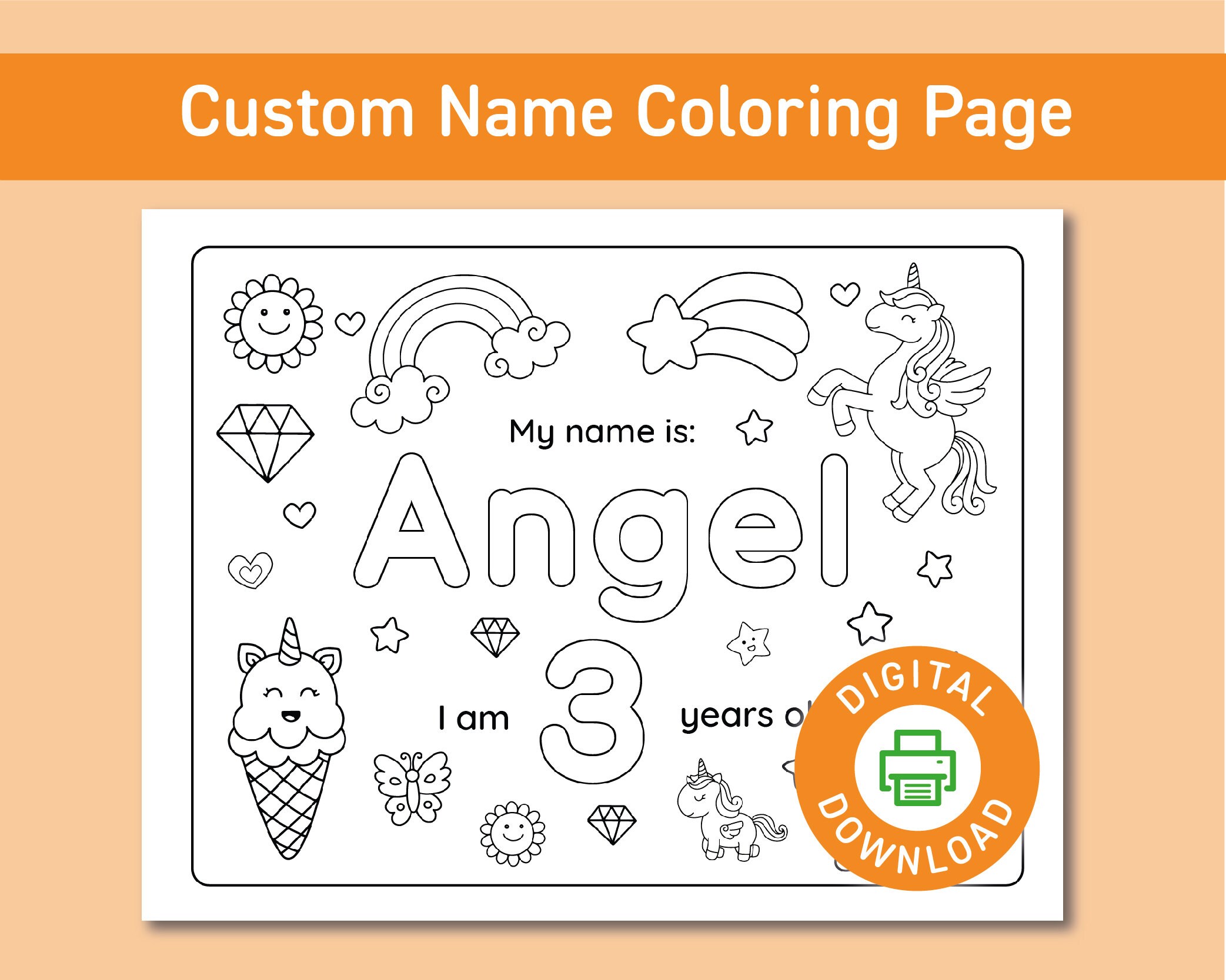 Unicorn custom name coloring page name coloring sheet unicorn theme